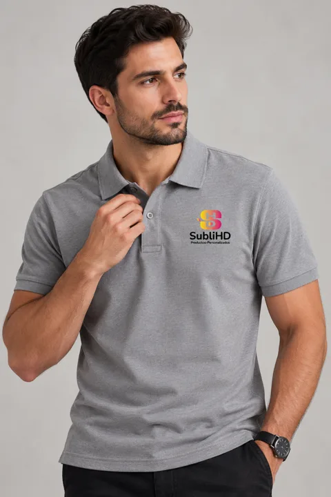 Modelo con chomba gris personalizada con el logo de SubliHD