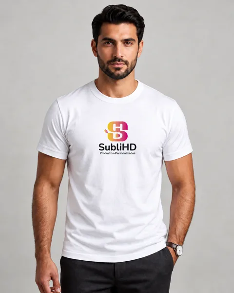 Modelo con remera blanca personalizada con el logo de SubliHD